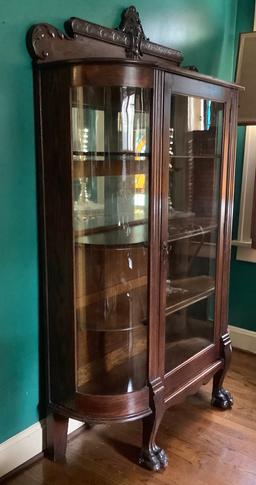 Oak Curved Glass China Cabinet W/ Massive Paw Feet & Carved Face Crown - Ci