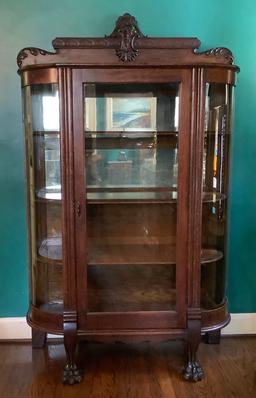 Oak Curved Glass China Cabinet W/ Massive Paw Feet & Carved Face Crown - Ci