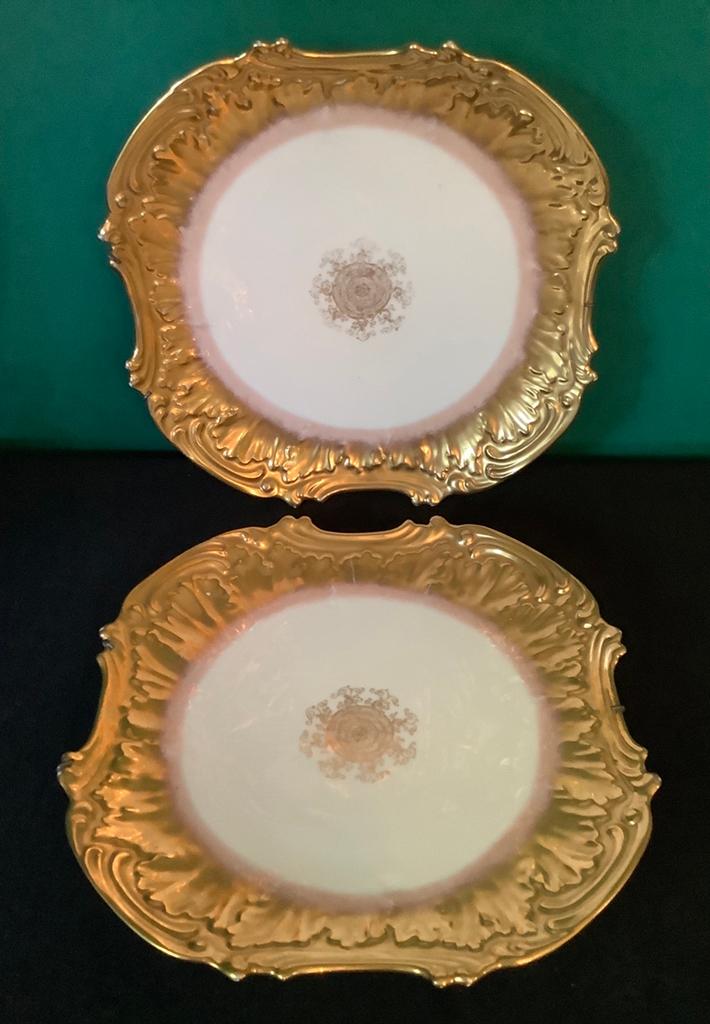 Pair Limoges Cabinet Display Chargers W Heavy Gold Gilt Borders - 12"