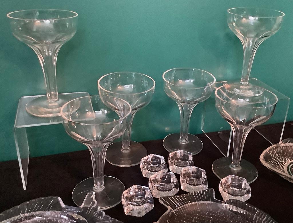 6 Vintage Hollow Stem Champagne Glasses;     5-piece Fish Set;     6 Salts