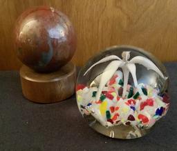 Vintage Paperweight;     Marble Orb On Base