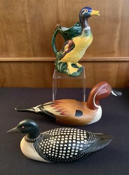 2 Wooden Hand Painted Ducks;     Vintage Duck Pitcher - 10"