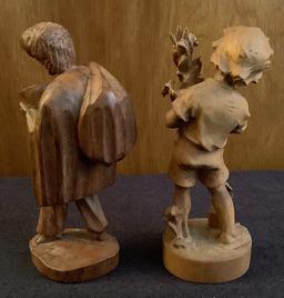 Hand Carved Wooden Bird On Base;     2 Hand Carved Wooden Figures - 3½"