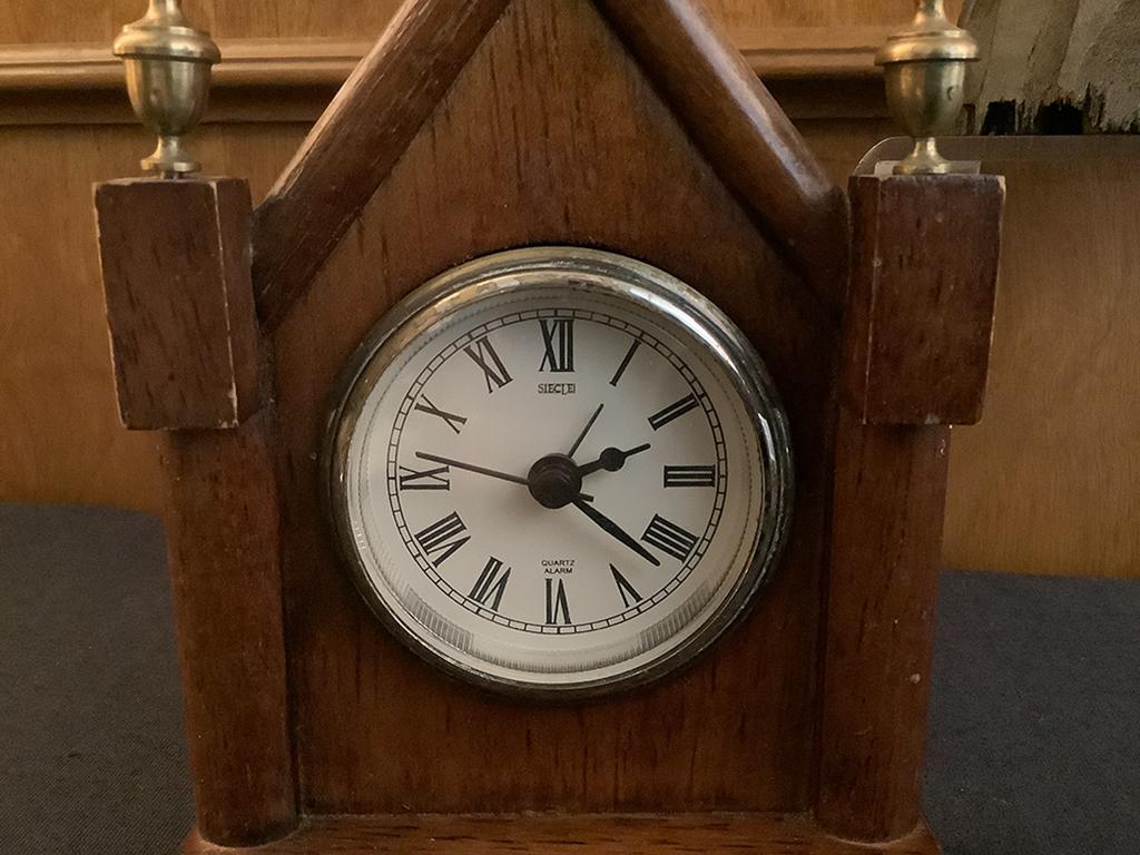 Walnut Encased Clock - 7";     Old Paisley Stamp