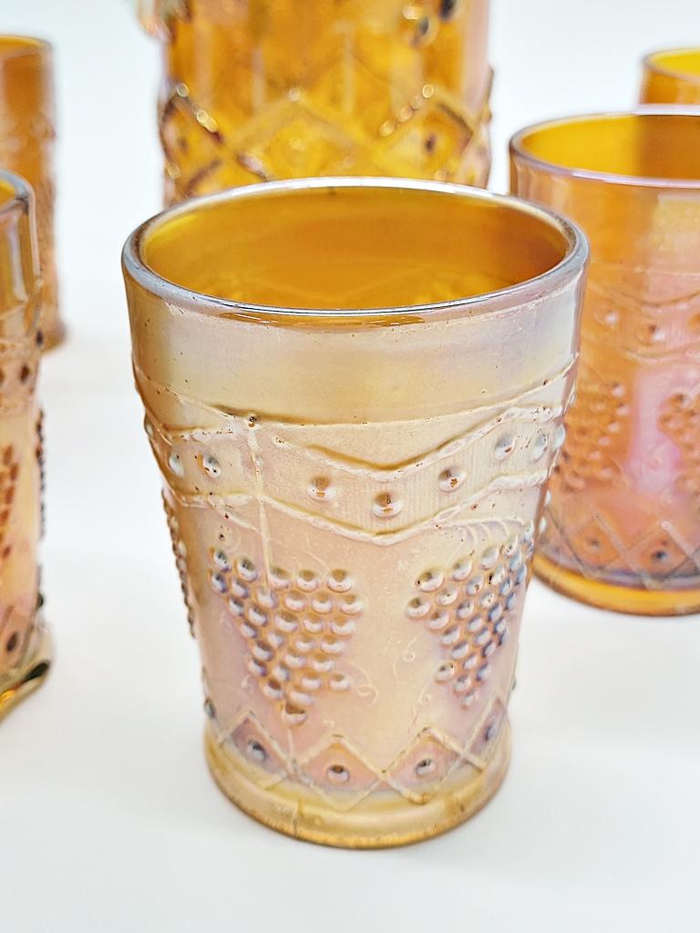 Marigold Fenton Carnival Glass 12" Tankard & 6 Tumblers - Lattice & Grape, 1 Cup Has Chips On Rim
