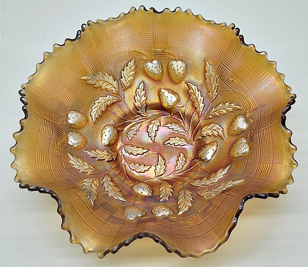 Marigold Carnival Glass Bowl - Good Luck, 8½";     Marigold Carnival Glass