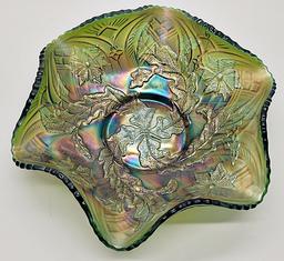 Green Millersburg Carnival Glass Bowl - Whirling Leaves, 10¼";     Amethyst
