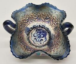 Blue Fenton Carnival Glass Bowl - Persian Medallion, 6½";     Green Millers