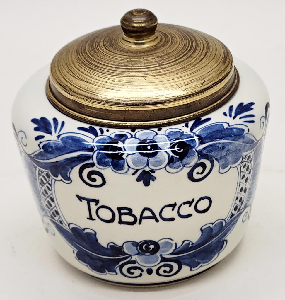 Blue Delft Teapot;    Blue Delft Salt Box;     Blue Delft Tobacco Jar W/ Li