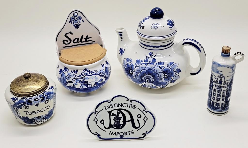 Blue Delft Teapot;    Blue Delft Salt Box;     Blue Delft Tobacco Jar W/ Li