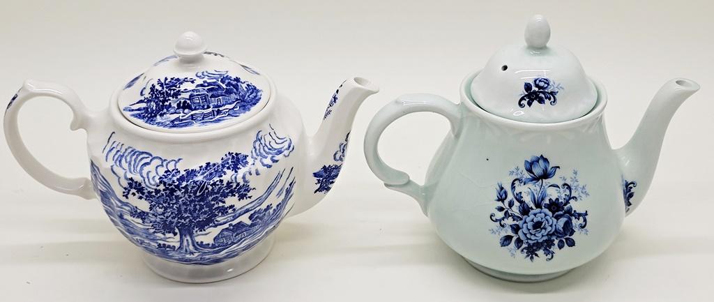 2 Vintage Blue & White Teapots