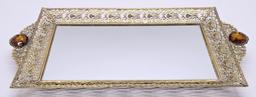 Very Cool 6-piece Filigreed Metal Dresser Set W/ Amber Glass Medallions - I