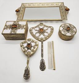 Very Cool 6-piece Filigreed Metal Dresser Set W/ Amber Glass Medallions - I