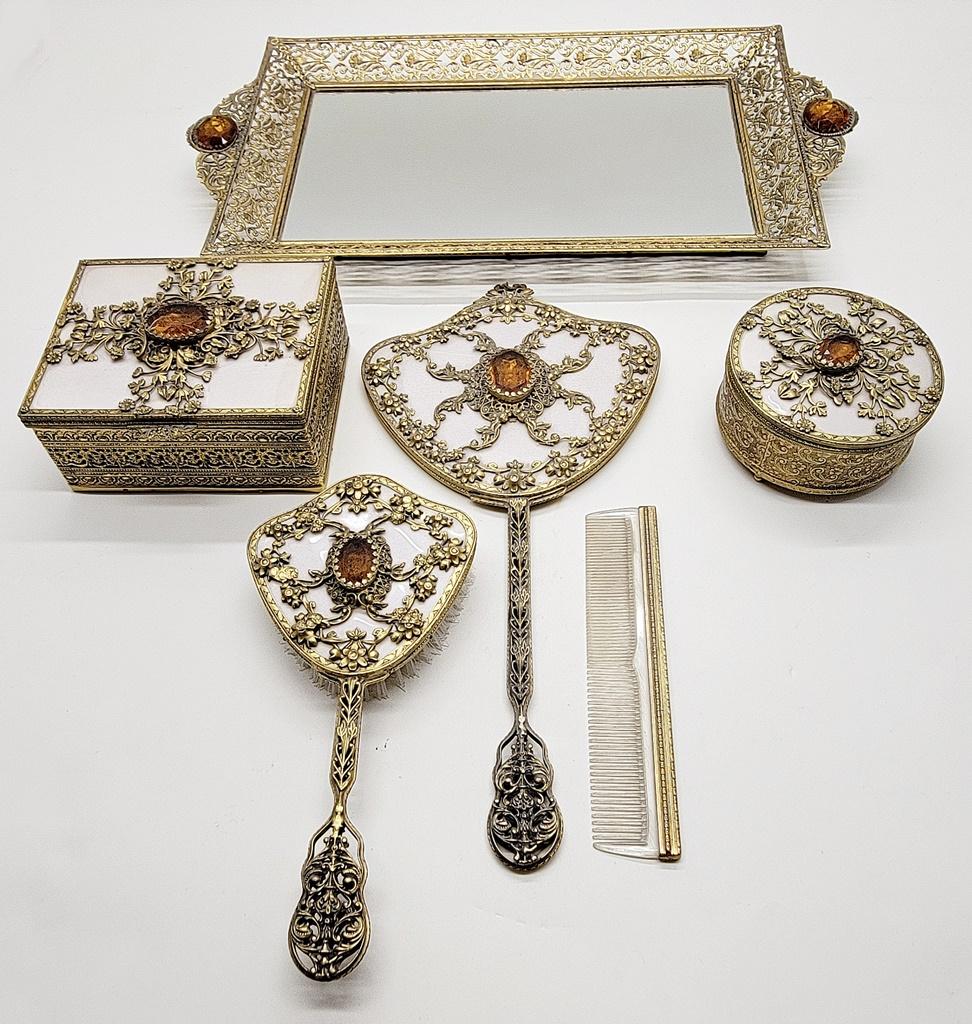 Very Cool 6-piece Filigreed Metal Dresser Set W/ Amber Glass Medallions - I