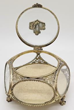 Fancy Vintage Cast & Beveled Glass Jewelry Casket - 4½"x7"