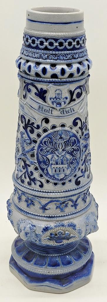 Large Salt Glazed Blue/Gray Germany Stein - 14½", Some Loss