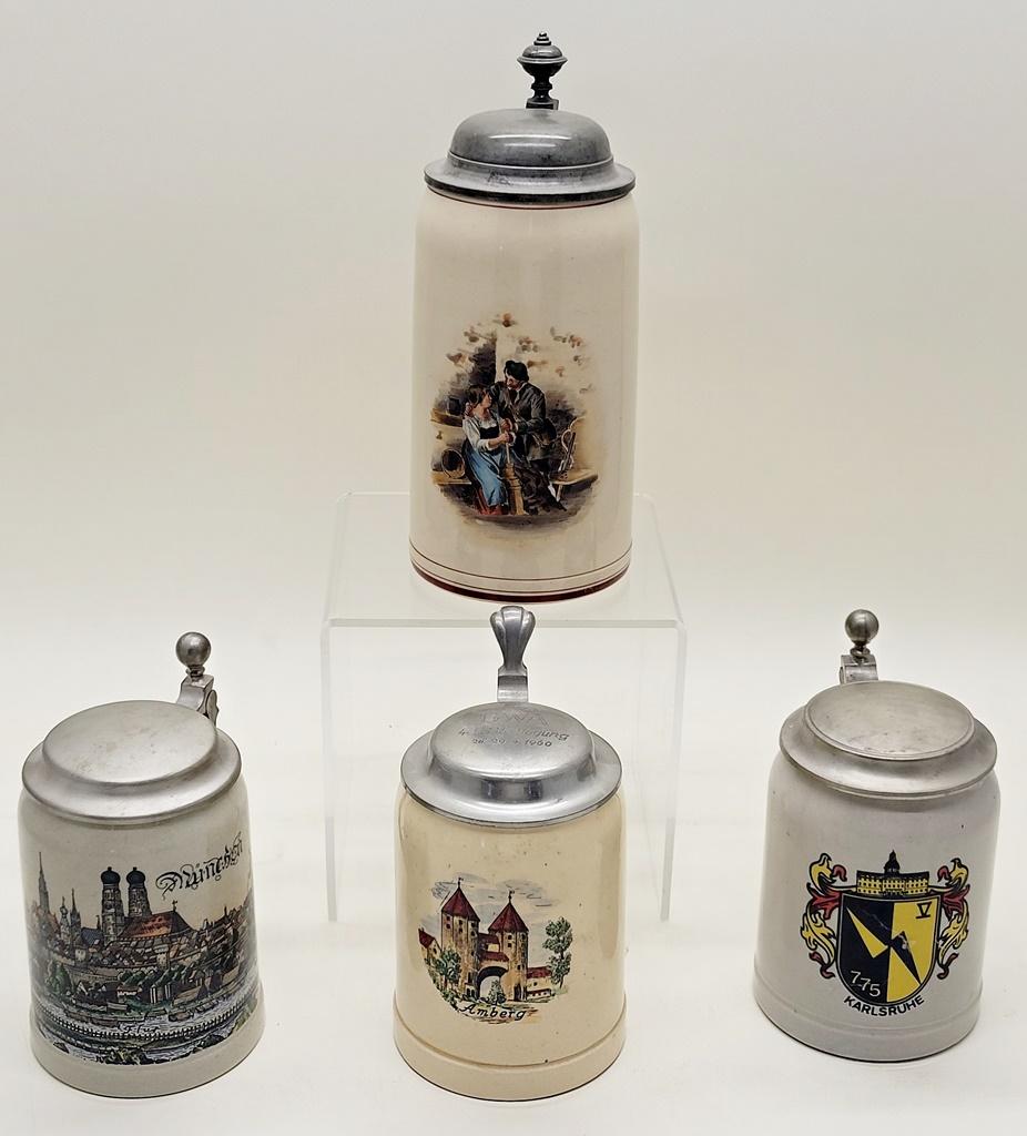 4 Germany Beer Steins - Tallest Is 9½"