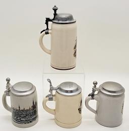 4 Germany Beer Steins - Tallest Is 9½"