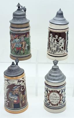 4 Germany Beer Steins - Tallest Is 9"