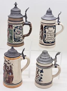 4 Germany Beer Steins - Tallest Is 9"