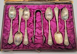 Silverplated Demitasse 6 Spoon & Tongs Set In Case - Case Is Apart
