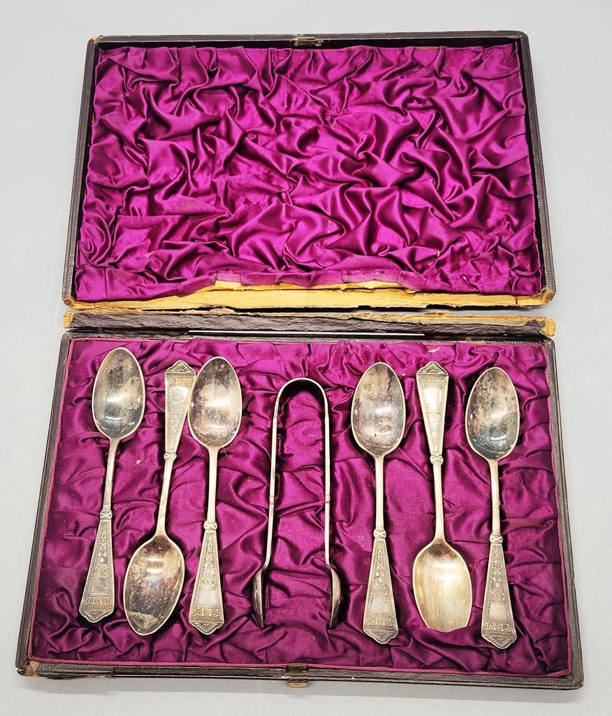 Silverplated Demitasse 6 Spoon & Tongs Set In Case - Case Is Apart