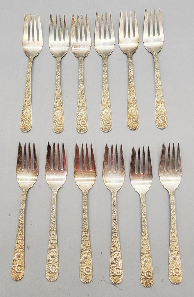 12 Kirk Sterling Salad/Dessert Forks - Repousse Rose, 13.03 Ozt