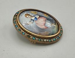 14kt Enamel & Turquoise Pin W/ Seed Pearls (12.8g Total Weight)
