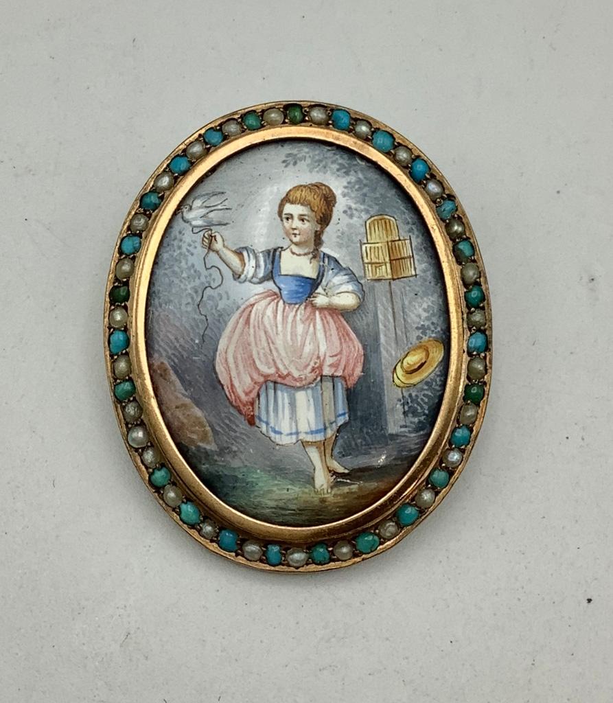 14kt Enamel & Turquoise Pin W/ Seed Pearls (12.8g Total Weight)