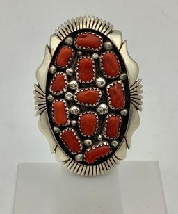 Large Coral & Sterling Navaho Ring - Signed K. Jones, Size 6¾ (0.66 Ozt Tot