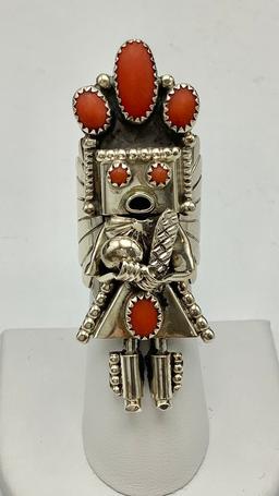 Native American Large Coral & Sterling Signed Kachina Ring - Size 7½ (0.55