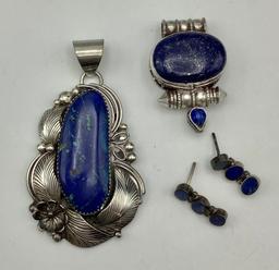 Set Native American Sterling & Lapis: 2 Pendants (Largest 2¾" W/ Bezel) & 1