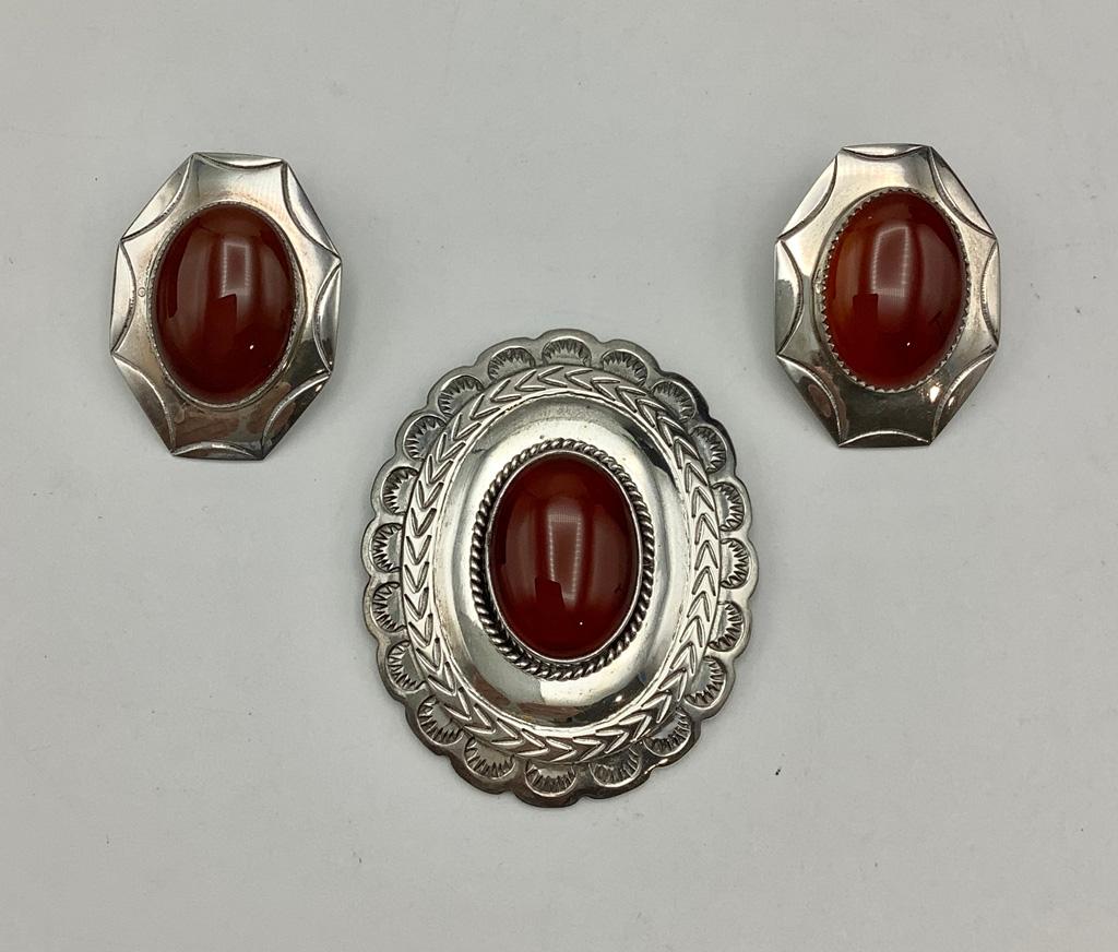 Sterling Set W/ Carnelian Cabochon: Brooch Pendant - 2½", Pair Earrings, Si