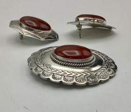 Sterling Set W/ Carnelian Cabochon: Brooch Pendant - 2½", Pair Earrings, Si