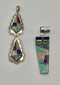 2 Sterling Inlay Stone Pendants - One Signed T.T., Largest 3¾" (1.17 Ozt To