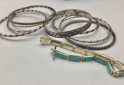 9 Mexican Silver Bangle Bracelets & 1 .950 Bracelet With Stones (2.76 Ozt T