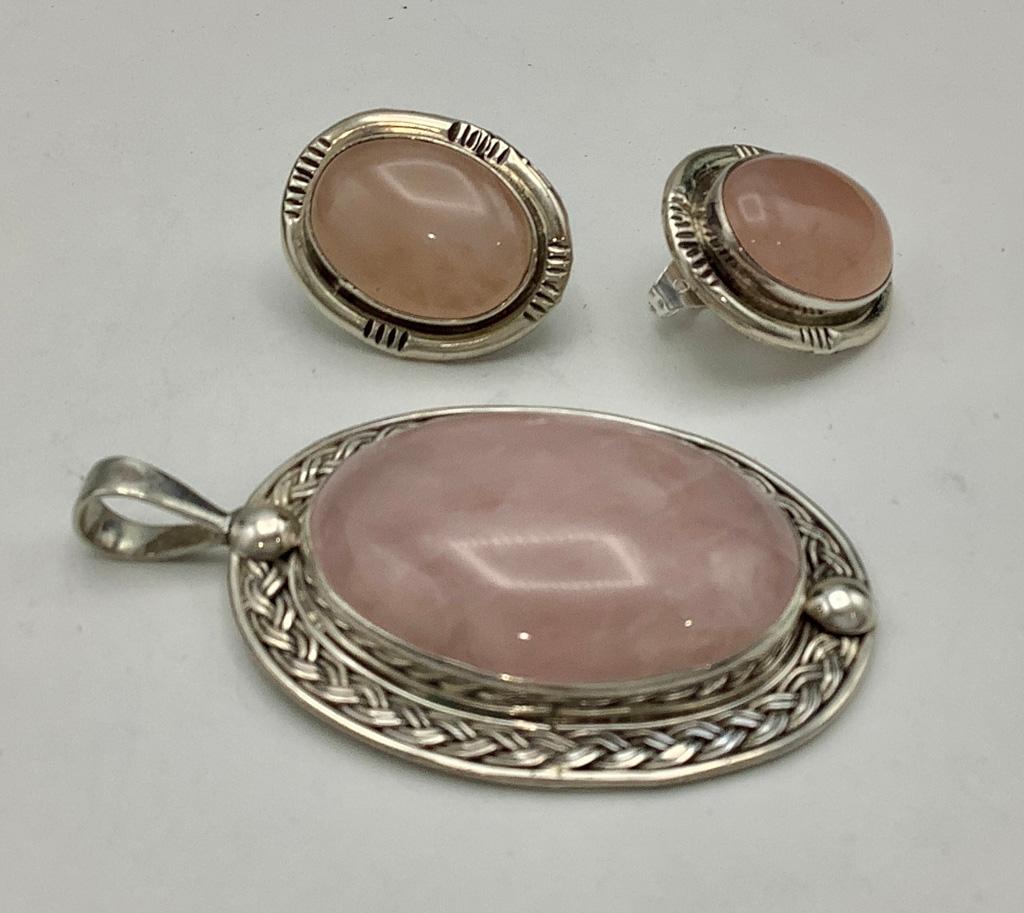 Rose Quartz Stone & Sterling Pendant - 2" X 1¼" & Earrings Marked H Wood (0