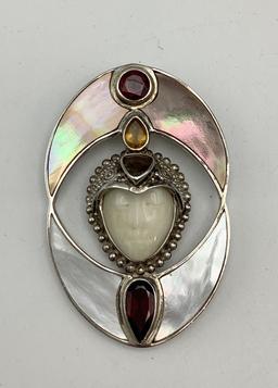 Sajen Sterling Brooch - Bone, Mother Of Pearl, Garnet, Citrine, Smoky Quart