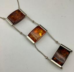 Sterling/Amber Necklace - 12" Drop (1.15 Ozt Total Weight)