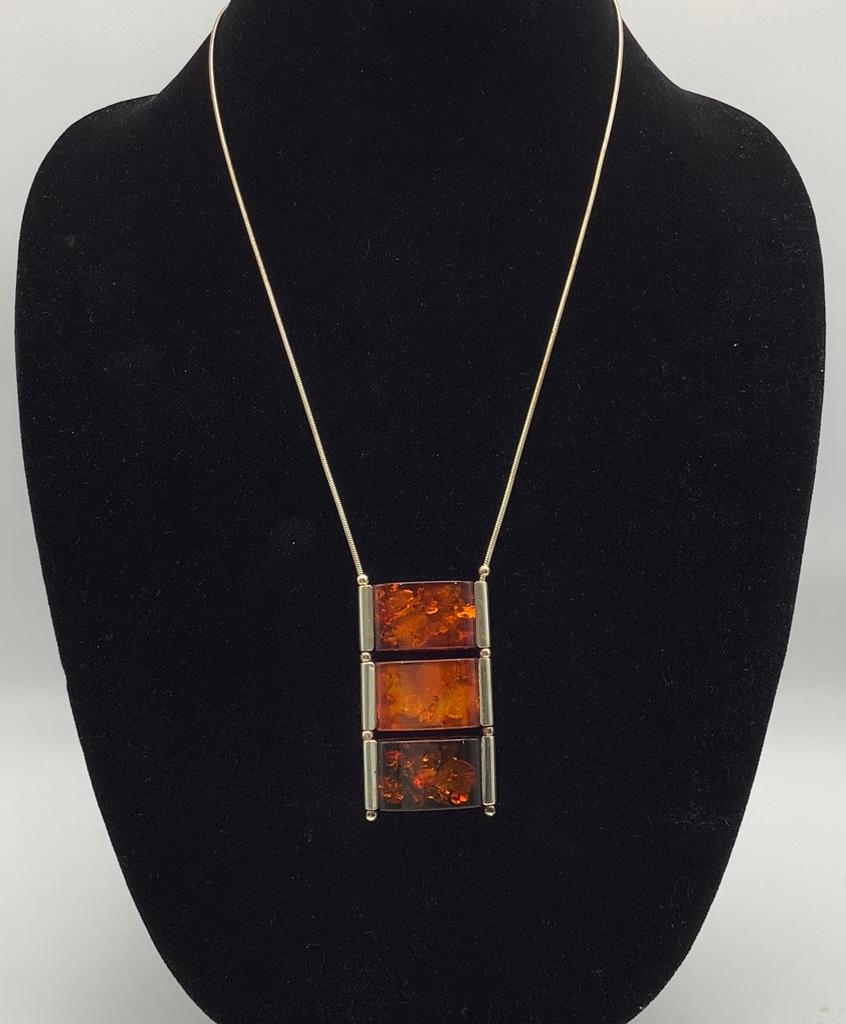 Sterling/Amber Necklace - 12" Drop (1.15 Ozt Total Weight)