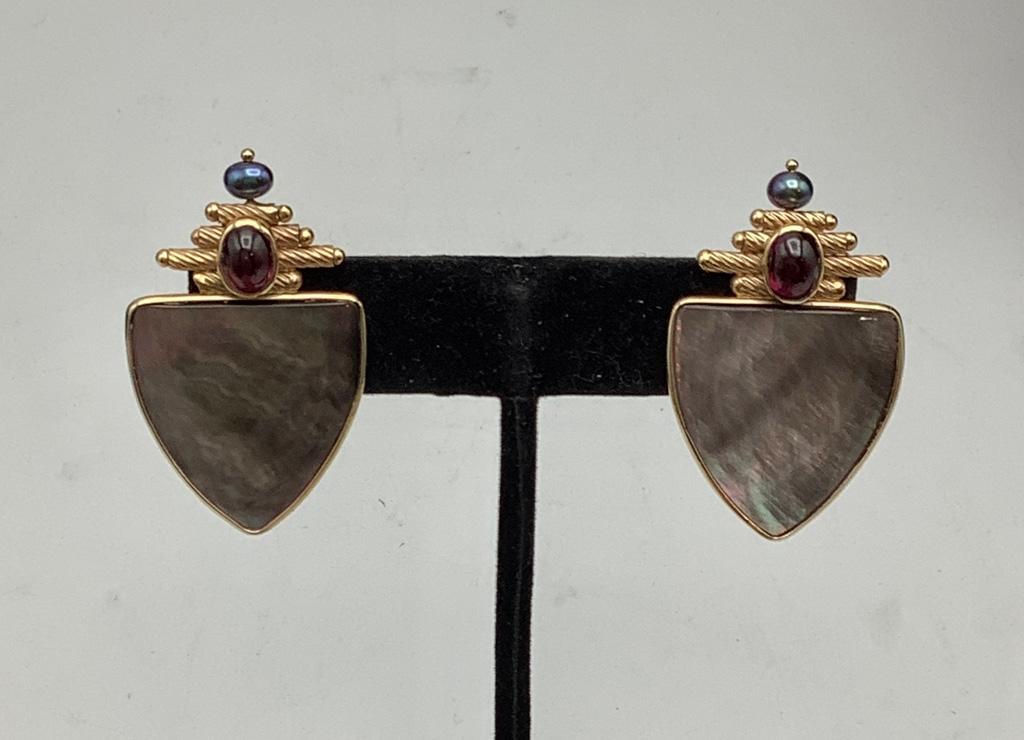 14kt Garnet, Mother Of Pearl & Black Pearl Earrings - 1" (8.3g Total Weight