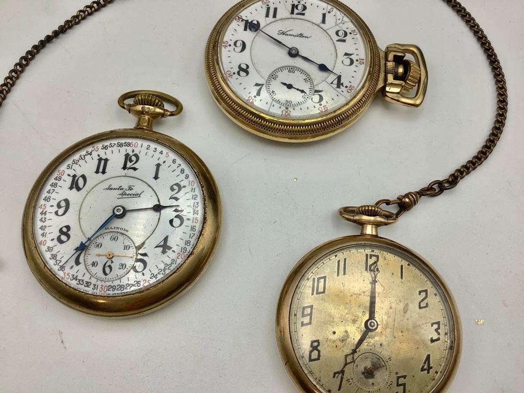 3 Pocket Watches: 2" Santa Fe Special Gold-Filled Watch, Hamilton 10kt Gold