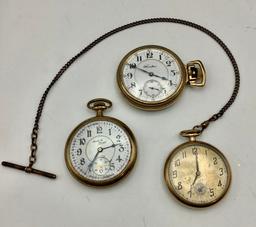 3 Pocket Watches: 2" Santa Fe Special Gold-Filled Watch, Hamilton 10kt Gold