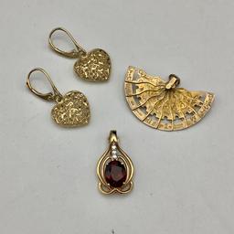 14kt Pieces: Heart Earrings, Garnet Diamond Pendant & Fan Pendant (8.7g Tot