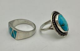 2 Sterling Turquoise Rings - Sizes 7.5, 11.5 (0.51ozt Total Weight)