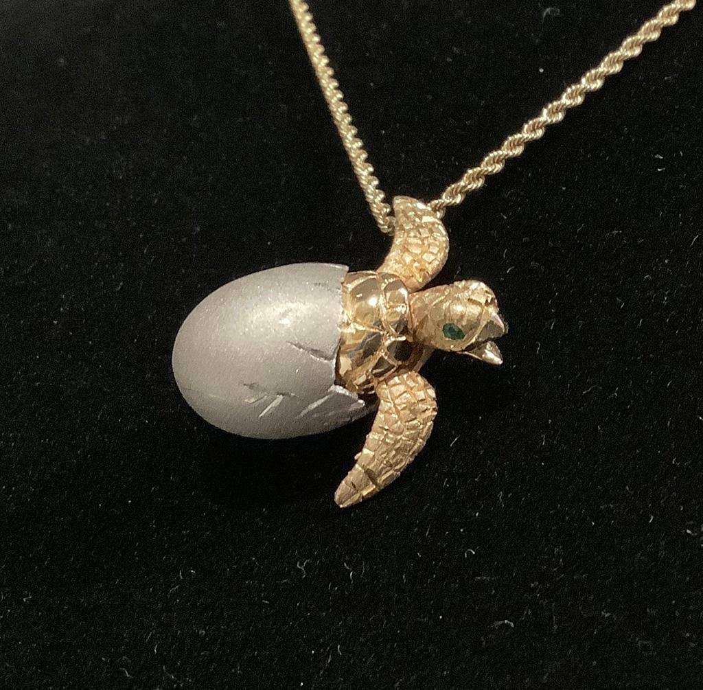14kt Two-Tone 20mm Turtle Pendant With Emerald Eyes On 14kt 18" Round Snake