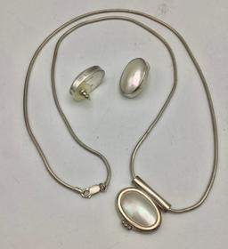 Sterling & Blister Pearl Set: Necklace 28" & Pair Of Earrings (1.29 Ozt Tot