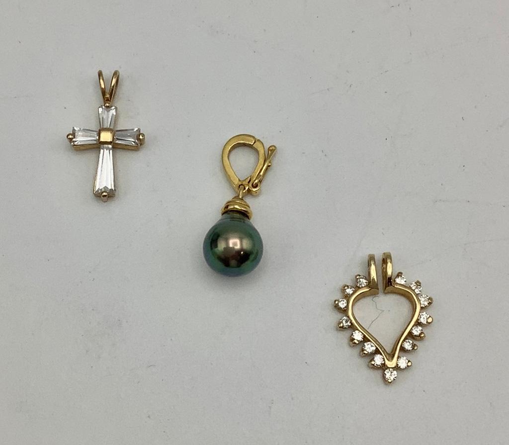 3 Pendants: 14kt Diamond Heart, 14kt CZ Cross, 18kt Black Pearl (4.7g Total