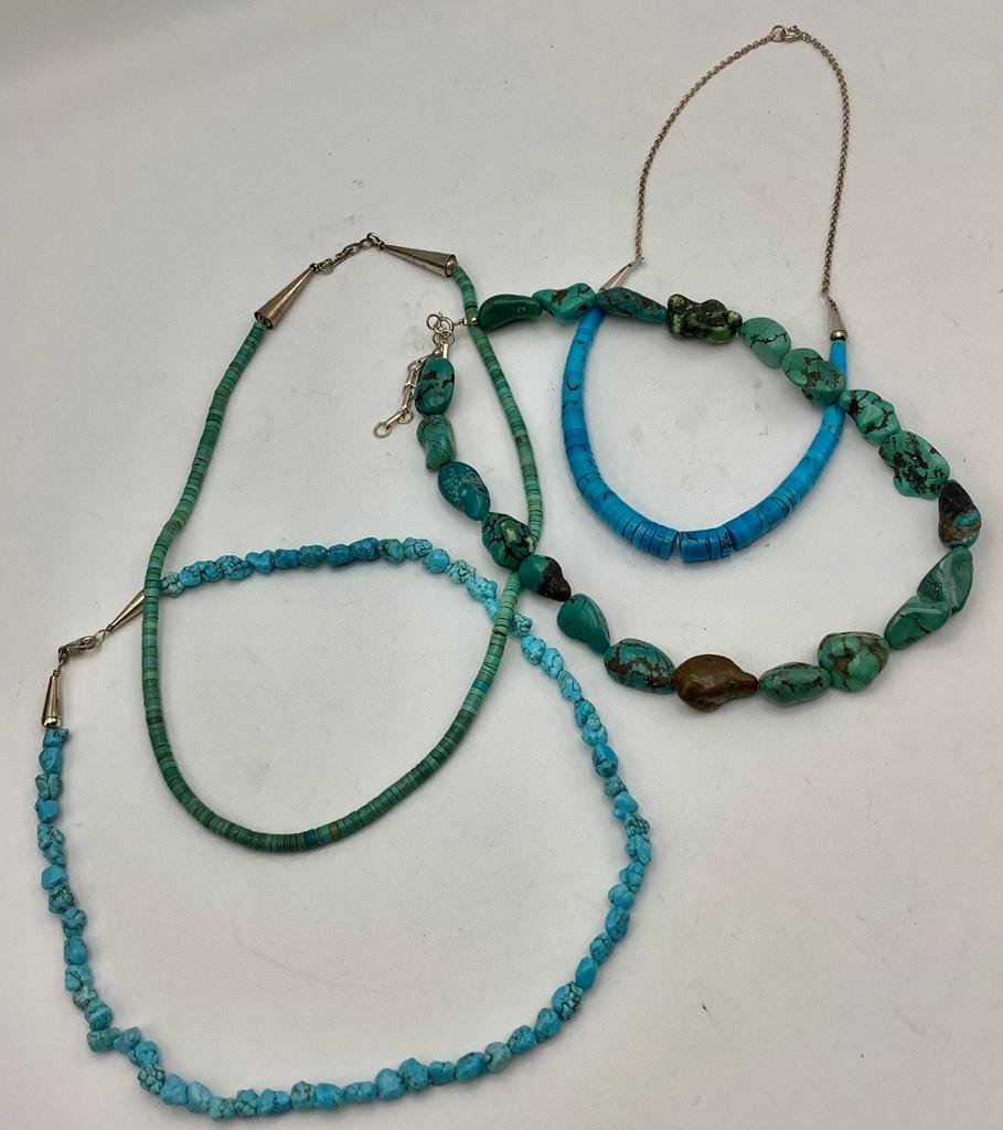 4 Native American Turquoise Bead Necklaces - Longest Is 20", 2 W/ 925 Clasp