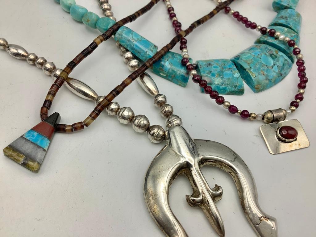4 Pieces: 3 Native American Beaded Necklaces & 1 Bead Necklace W/ Sterling